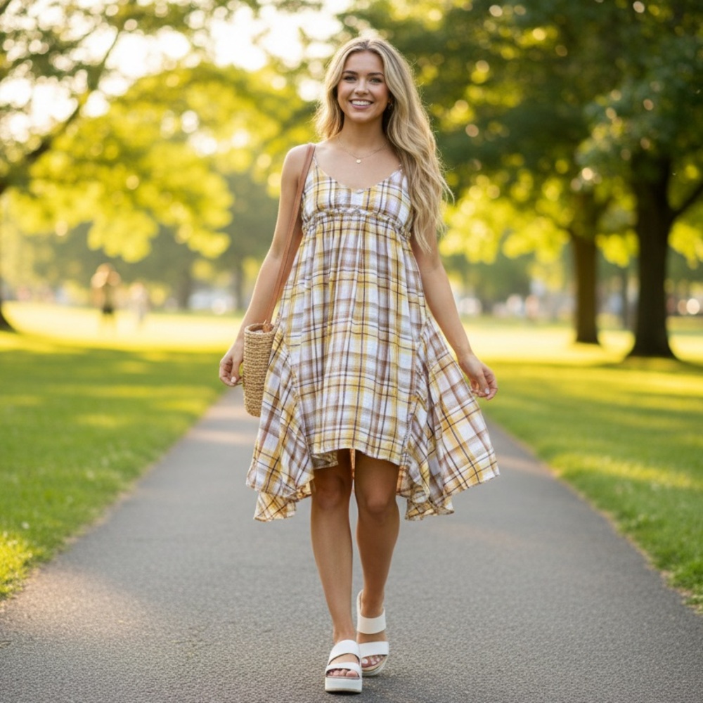 Passport Yellow and Brown Plaid mini bohemian 100% Cotton Granola lined dress
